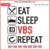 Colorful "Eat Sleep VBS Repeat" embroidery design for Vacation Bible School with vibrant text on a blue background.