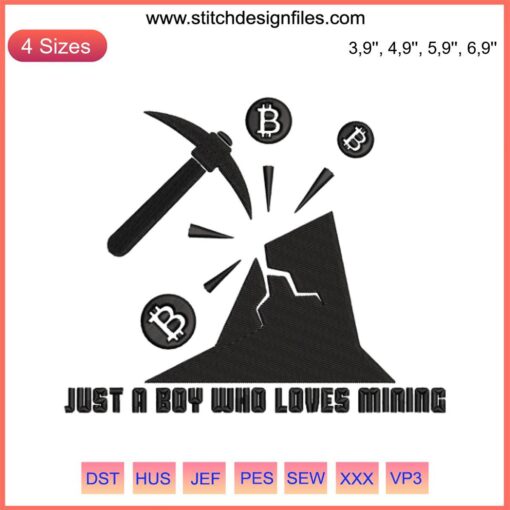 Embroidery design featuring a cartoon miner holding tools, text "Just A Boy Who Loves Mining". Fun mining-themed digital file.