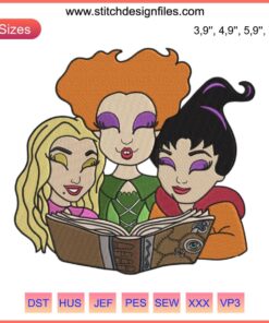 Disney Halloween Sanderson Sisters Embroidery, featuring vibrant Witch Spell Book Hocus Pocus design, perfect for spooky decor.