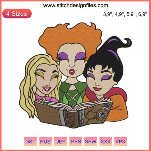 Disney Halloween Sanderson Sisters Embroidery, featuring vibrant Witch Spell Book Hocus Pocus design, perfect for spooky decor.