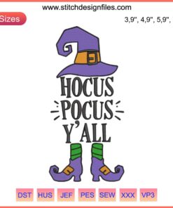 Elf Hocus Pocus Y’all Halloween Embroidery Design featuring playful witches, perfect kids Hocus Pocus costume or festive gift.