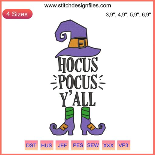 Elf Hocus Pocus Y’all Halloween Embroidery Design featuring playful witches, perfect kids Hocus Pocus costume or festive gift.