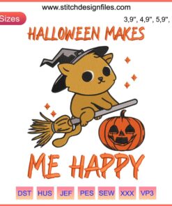Cat Witch Flying on Broom Halloween Embroidery Design - Cute Machine Stitch, Makes Me Happy Theme, Festive Digital Pattern