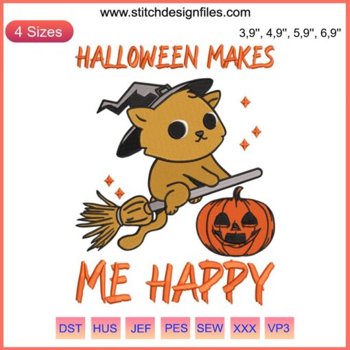 Cat Witch Flying on Broom Halloween Embroidery Design - Cute Machine Stitch, Makes Me Happy Theme, Festive Digital Pattern