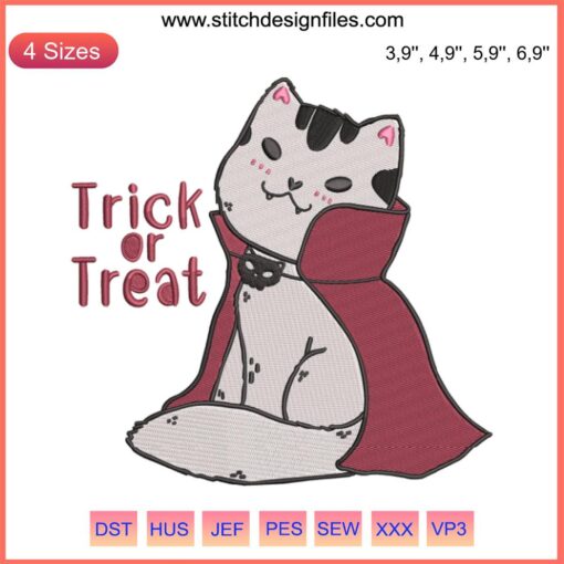 Cute Halloween Cat Vampire Costume Embroidery Design | Trick Or Treat Cartoon | Halloween Machine Embroidery Pattern