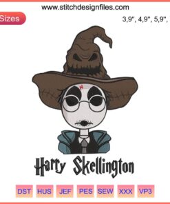 Harry Skellington Wizard Halloween Embroidery: Jack Skellington in Harry Potter attire, digital machine design for festive crafting.