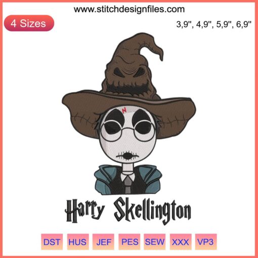 Harry Skellington Wizard Halloween Embroidery: Jack Skellington in Harry Potter attire, digital machine design for festive crafting.