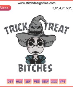 Jack Skellington and Harry Potter mashup embroidery design, "Trick Or Treat Bitches" Halloween cross-stitch file.