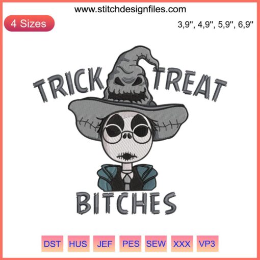 Jack Skellington and Harry Potter mashup embroidery design, "Trick Or Treat Bitches" Halloween cross-stitch file.