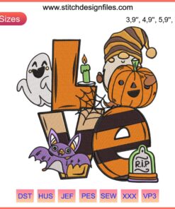 Embroidery design featuring a gnome with pumpkin hat and ghost, perfect for kids' Halloween gifts. "Boo" text included.