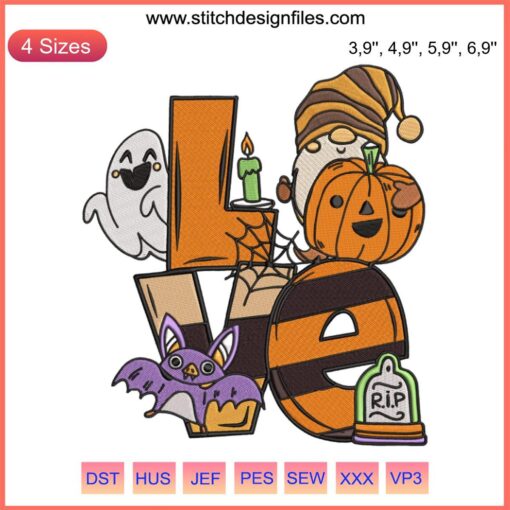 Embroidery design featuring a gnome with pumpkin hat and ghost, perfect for kids' Halloween gifts. "Boo" text included.