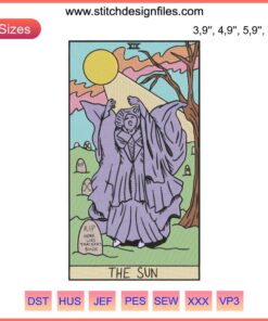 Sun Tarot Hocus Pocus Embroidery featuring Winnie Sanderson in Halloween theme, machine design with witchy elements.
