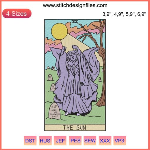 Sun Tarot Hocus Pocus Embroidery featuring Winnie Sanderson in Halloween theme, machine design with witchy elements.