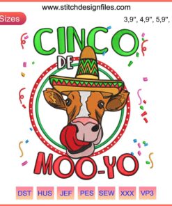 Heifer wearing sombrero | Cinco de Moo-yo Embroidery | Funny Cinco de Mayo Fiesta Design File | Mexican cow art.