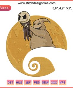 Oogie Boogie and Jack Skellington Moon Embroidery, Nightmare Before Christmas Disney Design, stitched on navy fabric.
