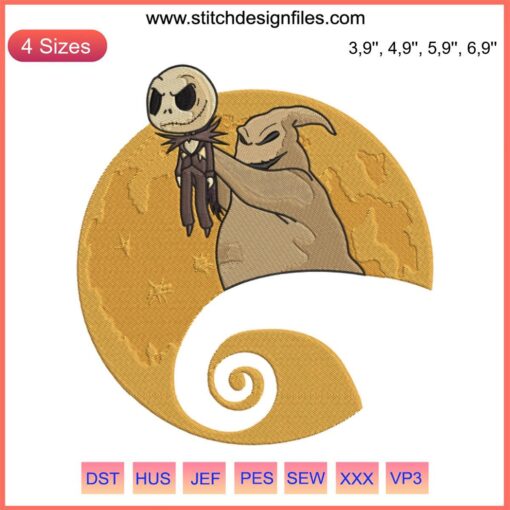 Oogie Boogie and Jack Skellington Moon Embroidery, Nightmare Before Christmas Disney Design, stitched on navy fabric.