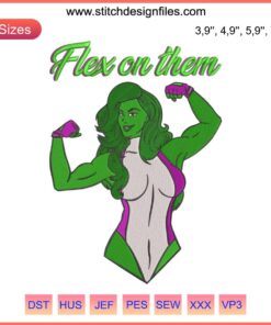 She-Hulk Marvel Machine Embroidery Design: Iconic flex pose, green superhero, hot movie-inspired embroidery file.