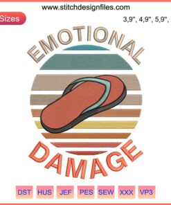 Vintage retro flip flops embroidery with 'Emotional Damage' sarcastic meme design file in vibrant colors.