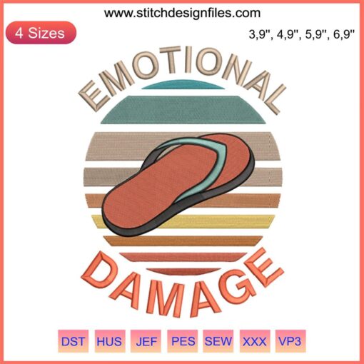 Vintage retro flip flops embroidery with 'Emotional Damage' sarcastic meme design file in vibrant colors.