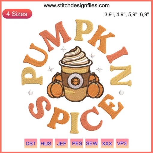 Pumpkin spice latte themed embroidery design with fall leaves, perfect for Thanksgiving gifts.