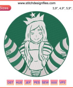Cute anime girl in Starbucks-inspired uniform, Waifu Senpai embroidery, Hentai Waifu design, chibi style, kawaii aesthetic.