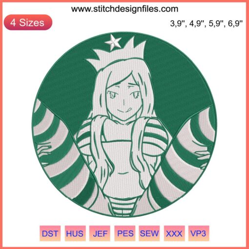 Cute anime girl in Starbucks-inspired uniform, Waifu Senpai embroidery, Hentai Waifu design, chibi style, kawaii aesthetic.
