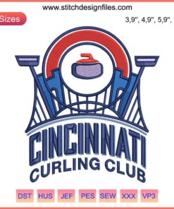 Cincinnati Curling Club Logo Embroidery - Modern Sport Design Mockup, Stylish Crest with Curling Stone and Broom Elements.