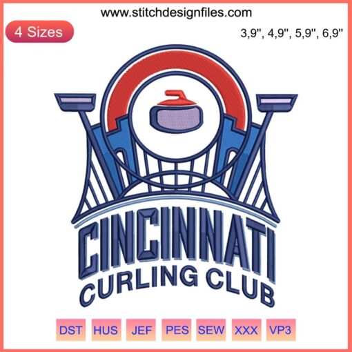 Cincinnati Curling Club Logo Embroidery - Modern Sport Design Mockup, Stylish Crest with Curling Stone and Broom Elements.