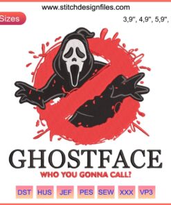 Ghostbusters Halloween Embroidery Design: Ghostface Busters, "Who You Gonna Call" theme, perfect for spooky projects.