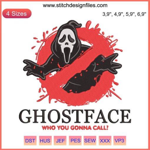 Ghostbusters Halloween Embroidery Design: Ghostface Busters, "Who You Gonna Call" theme, perfect for spooky projects.