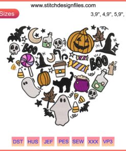Heart symbol with Halloween 2022 embroidery featuring pumpkin, "Boo" ghost, and bat designs; festive decorative art.
