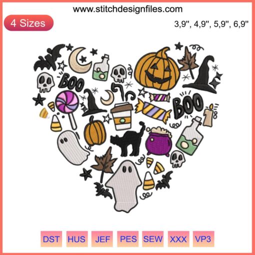 Heart symbol with Halloween 2022 embroidery featuring pumpkin, "Boo" ghost, and bat designs; festive decorative art.