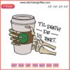Humorous skeleton hand holding coffee embroidery, "Til Death Do Us Part" Halloween design, spooky decor.