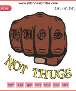 Hugs Not Thugs Embroidery Patch, Skin Color Awareness, Diversity Design, Inclusive Art featuring diverse skin tones.