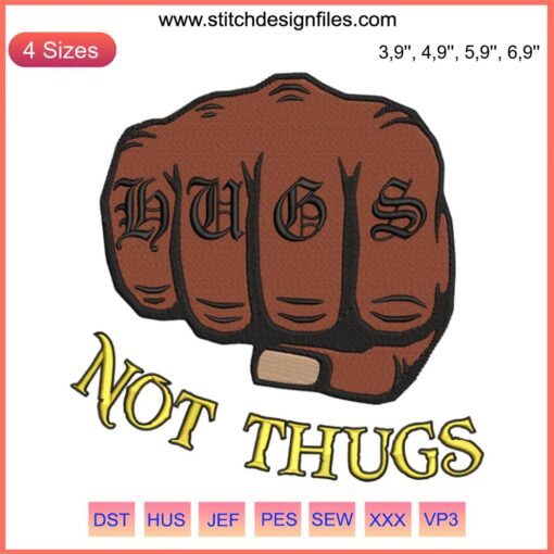 Hugs Not Thugs Embroidery Patch, Skin Color Awareness, Diversity Design, Inclusive Art featuring diverse skin tones.