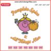 Cute embroidery with "Pumpkin Spice And All Things Nice" phrase and Little Miss Thanksgiving design, autumn colors.
