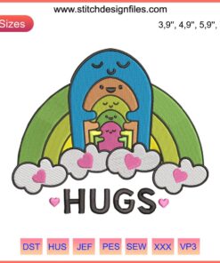 Colorful embroidery design featuring kids hugging, rainbow theme, promoting mental health awareness, family-friendly machine pattern.