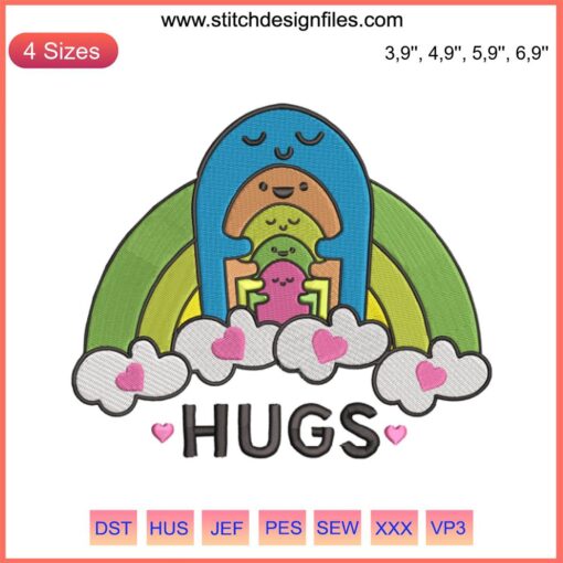 Colorful embroidery design featuring kids hugging, rainbow theme, promoting mental health awareness, family-friendly machine pattern.