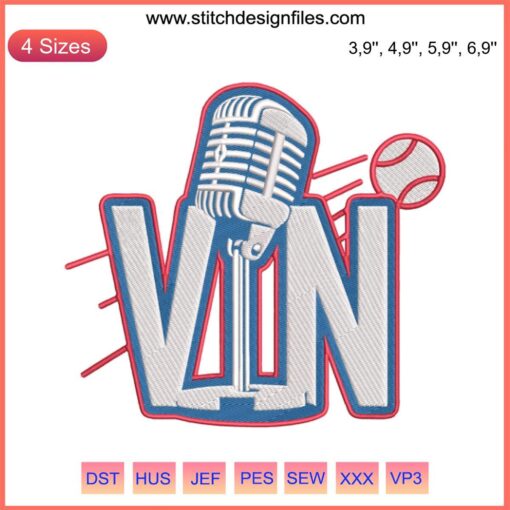 Vin Scully Mic Tribute Embroidery Design File - Dodgers Rip Scully Mic Tribute Embroidery Pattern, Baseball Icon Memorabilia