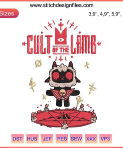 Cult Of The Lamb Embroidery: Halloween-themed gamer design with intricate lamb motifs, ideal for video game enthusiasts.