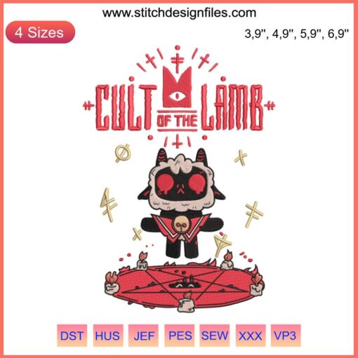 Cult Of The Lamb Embroidery: Halloween-themed gamer design with intricate lamb motifs, ideal for video game enthusiasts.