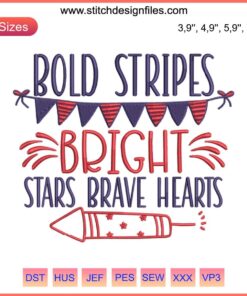Bold Stripes Bright Stars Embroidery Design: Patriotic 4th of July theme with vibrant red stripes and striking white stars pattern.