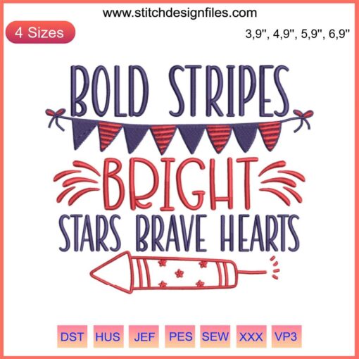 Bold Stripes Bright Stars Embroidery Design: Patriotic 4th of July theme with vibrant red stripes and striking white stars pattern.