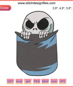 Jack Skellington Pocket Embroidery Design File: Halloween Skeleton Character Machine Embroidery, Cute Pocket Design
