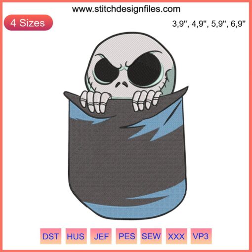 Jack Skellington Pocket Embroidery Design File: Halloween Skeleton Character Machine Embroidery, Cute Pocket Design