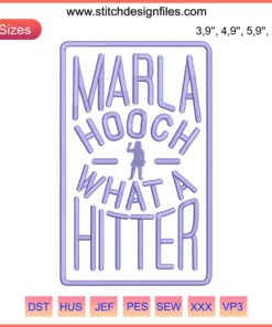 Marla Hooch embroidery art from "A League Of Their Own" showcasing "What A Hitter" text, perfect for movie fans and stitchers.