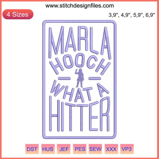 Marla Hooch embroidery art from "A League Of Their Own" showcasing "What A Hitter" text, perfect for movie fans and stitchers.