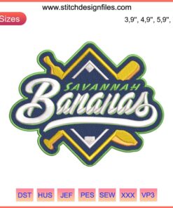 Savannah Bananas Logo Embroidery: MLB Savannah Bananas Baseball Team Design File with vibrant stitched banana logo.