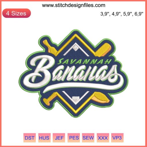 Savannah Bananas Logo Embroidery: MLB Savannah Bananas Baseball Team Design File with vibrant stitched banana logo.
