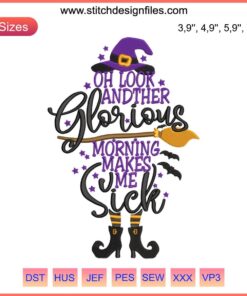 Disney Halloween embroidery "Oh Look Another Glorious Morning" design featuring witch-themed machine embroidery.